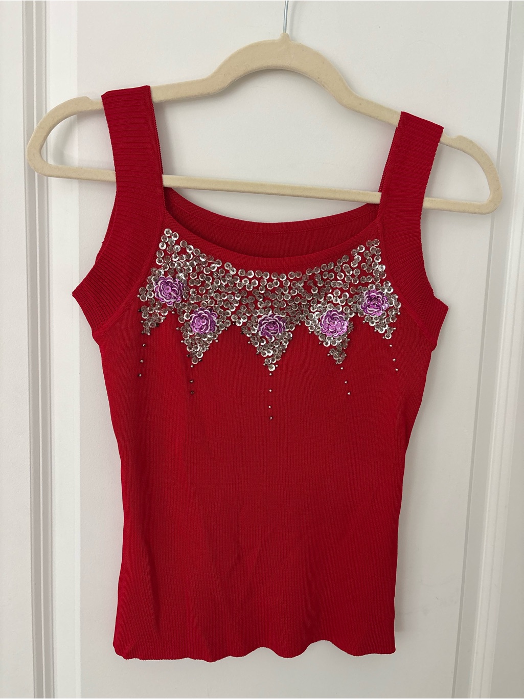 Vintage Y2k Red Sequin Flower Ribbed Sleeveless Tank Top Coquette Fairycore Rare